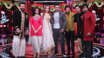 Iulia Vantur and Manish Paul on the sets of The Voice India Kids