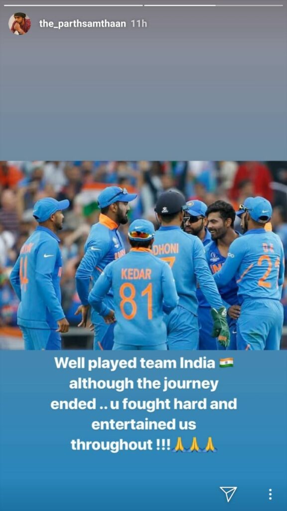 Parth Samthaan shares an inspiring message for team India after the loss at ICC World Cup 2019