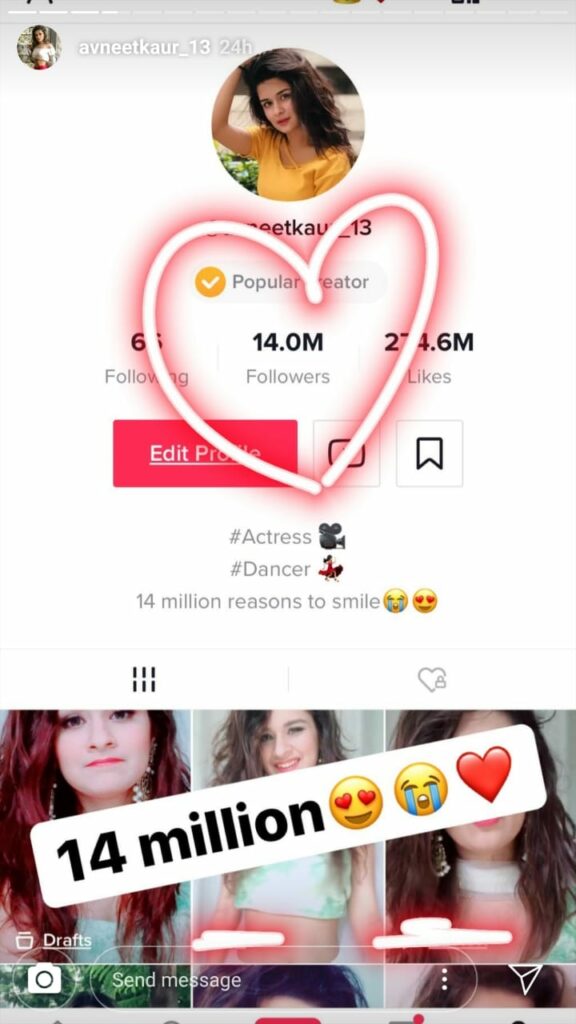 Avneet Kaur completes 14 million followers on TikTok