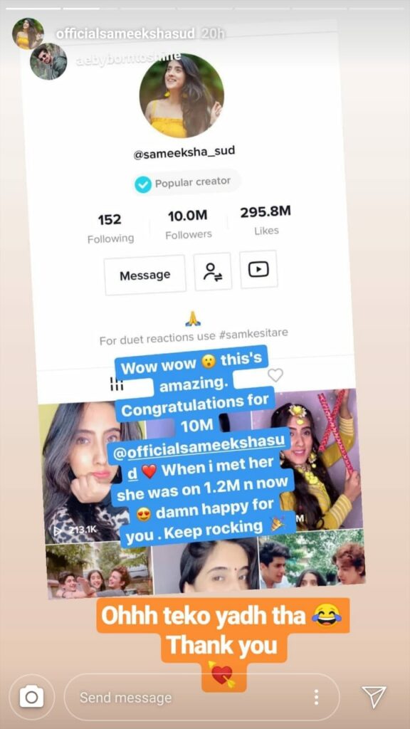 Sameeksha Sud hits 10 million followers on TikTok