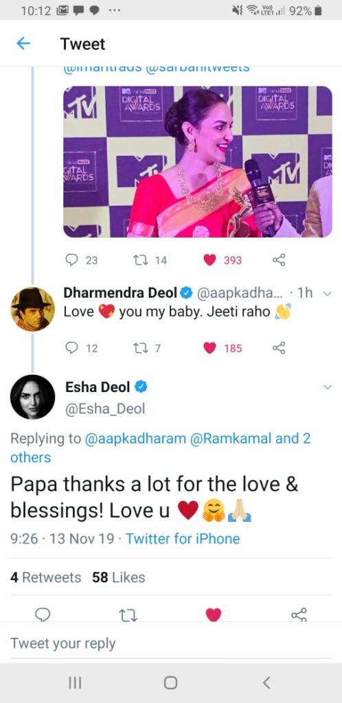 MTVIWMBuzzDigitalAwards: Papa Dharmendra is proud of Esha Deol's victory 1