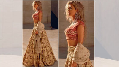 Kim Kardashian looks drop dead gorgeous in Sabyasachi Lehenga