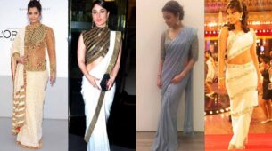 Ideas to Enhance simple saree look to a designer level by taking inspiration from the draping styles of Aishwarya Rai, Anushka Sharma, Priyanka Chopra, and Kareena Kapoor.