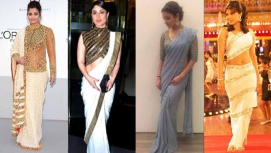 Ideas to Enhance simple saree look to a designer level by taking inspiration from the draping styles of Aishwarya Rai, Anushka Sharma, Priyanka Chopra, and Kareena Kapoor.