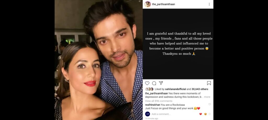 Kasautii Zindagii Kay Parth Samthaan posts he was ‘depressed’ and ‘sad’ during lockdown, Hina Khan comments 2