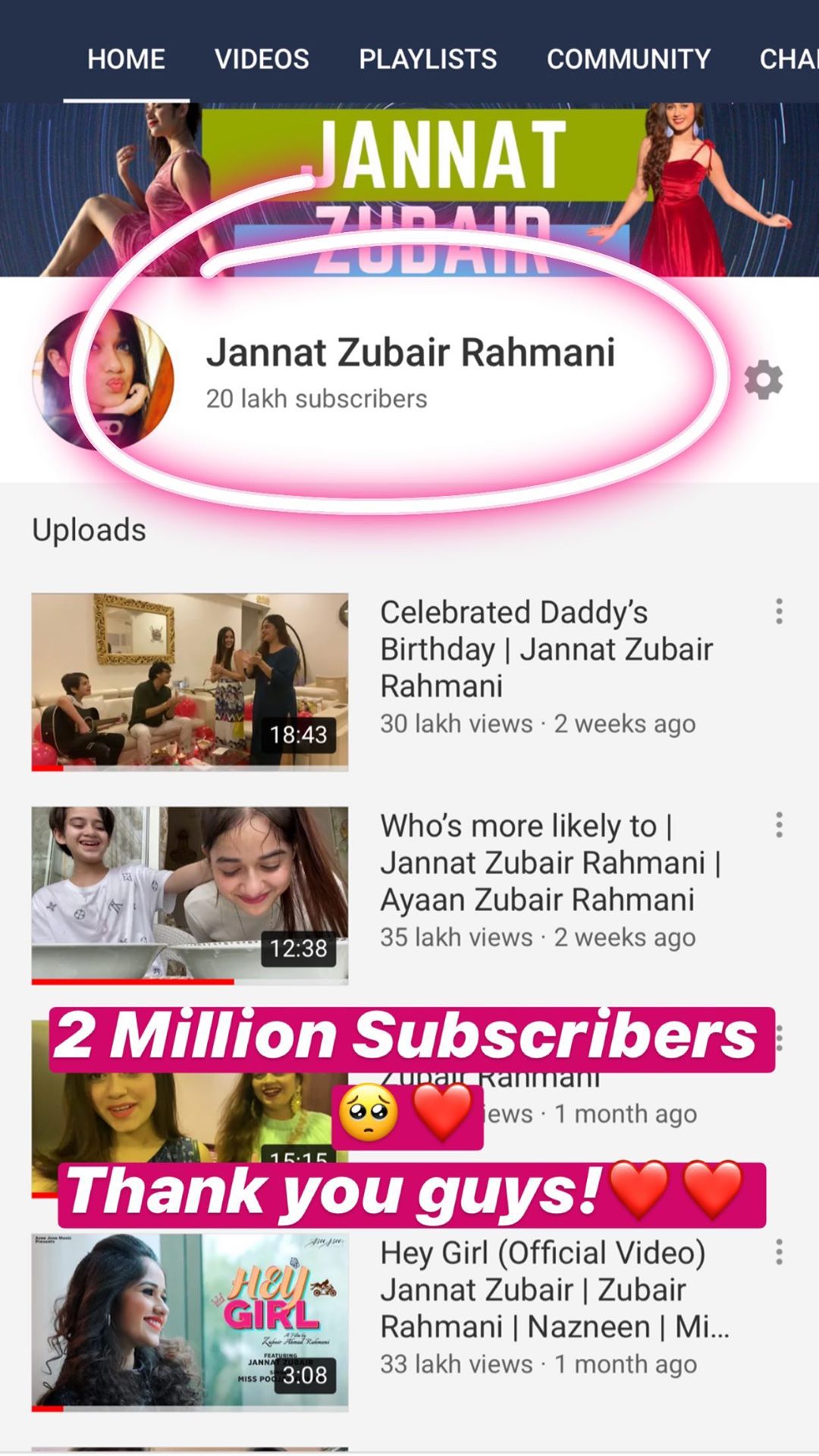 Jannat Zubair hits 2 million subscribers on YouTube