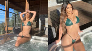 Hottie in pool: Kim Kardashian looks smoking hot in green bikini