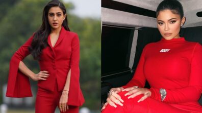 Hollywood’s Kylie Jenner Or B-town’s Sara Ali Khan: Which Diva Has The Attractive Look In Red Pantsuit?