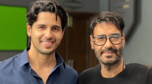 Sidharth Malhotra meets Ajay Devgn on the sets of Mayday, fans delighted