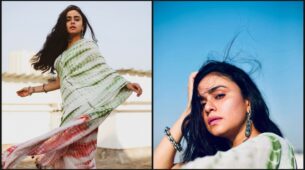 Amruta Khanvilkar looks stunning in green and orange tie-dye print saree