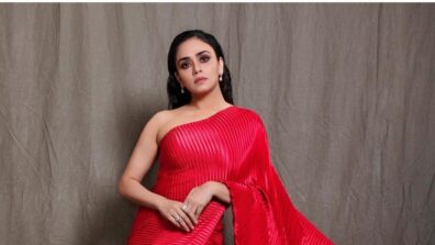 Amruta Khanvilkar Opted for A Stripped Red Gown Cum Saree for Filmfare Awards 2021!