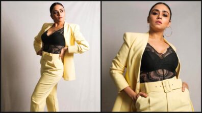 Amruta Khanvilkar Poses In Faded Yellow Pant Suit With Black Lace Bralette, Fans Can’t Stop Melting