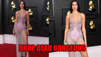 Dua Lipa Looking Drop Dead Gorgeous In A Transparent Violet Shimmery Thigh Slit Gown