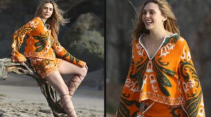 Elizabeth Olsen Pretty Gorgeous Looks In Orange Neon Printed Outfit: See Picture