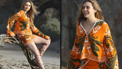Elizabeth Olsen Pretty Gorgeous Looks In Orange Neon Printed Outfit: See Picture