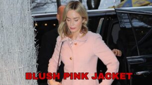 Emily Blunt Looked Gorgeous In Blush Pink Jacket With White Printed Pants
