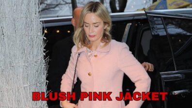Emily Blunt Looked Gorgeous In Blush Pink Jacket With White Printed Pants