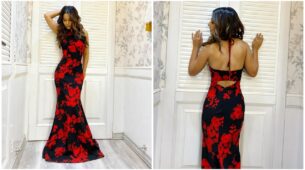 Hina Khan looks drop-dead gorgeous in fish-cut black and red floral dress