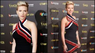 Hottie Scarlett Johansson In Neck Wrap Black And White Red Stripe Mini Dress
