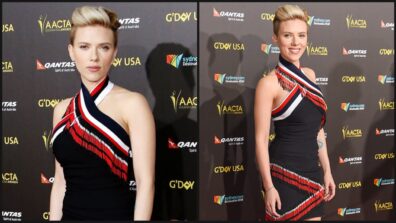 Hottie Scarlett Johansson In Neck Wrap Black And White Red Stripe Mini Dress