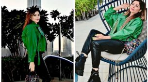 Kanika Kapoor Looks Pretty Hot In Green Leather Jacket With Black Leather Pants, See Picture