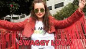 Katherine Langford Swaggy Looks In Casual With Red Crop Jacket With Long Fringes
