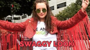 Katherine Langford Swaggy Looks In Casual With Red Crop Jacket With Long Fringes