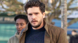 Kit Harrington Looks Stunning In Blue Rib Knit Tshirt With Brown Jacket