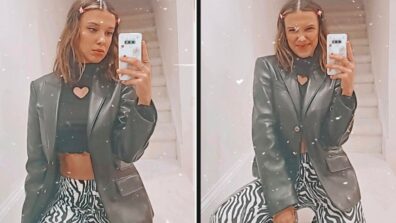 Millie Bobby Brown Hot Looks In Black And White Pants With Crop Top And Black Leather Jacket: See Picture