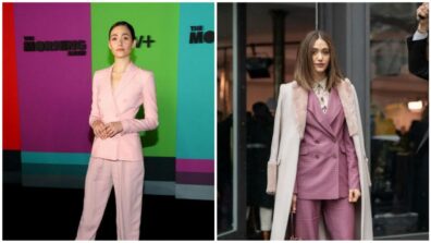 With These Minimal Accessories Emmy Rossum Styled Her Pink Pant Suit, See Photos Here