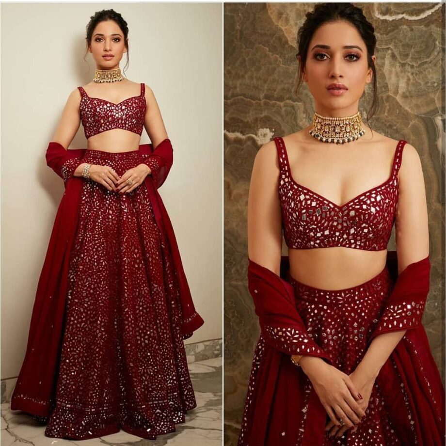 Mouni Roy’s Off White VS Tamannaah Bhatia’s Wine VS Tara Sutaria’s Pink: Hottest Look In Mirror Work Lehenga - 1