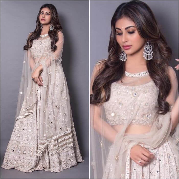 Mouni Roy’s Off White VS Tamannaah Bhatia’s Wine VS Tara Sutaria’s Pink: Hottest Look In Mirror Work Lehenga - 0