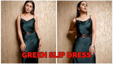 Nikki Galrani Looks Glamorous In Bottle Green Slip Dress