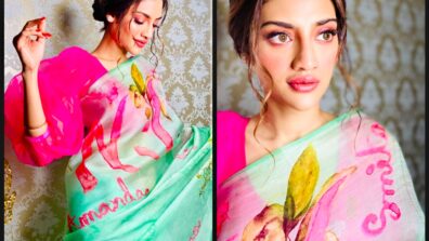 Nusrat Jahan Looks Gorgeous In Printed Saree With Florescent Blouse