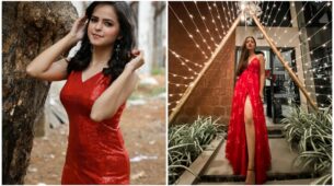 Palak Sindhwani in red sequin bodycon dress vs. Reem Shaikh in red slip dress with thigh slit outfit. Who looked striking hot?