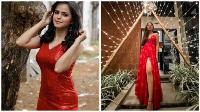 Palak Sindhwani in red sequin bodycon dress vs. Reem Shaikh in red slip dress with thigh slit outfit. Who looked striking hot?