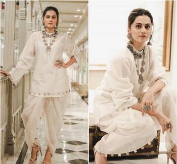 Pantsuit Vs Embellished Lehenga Vs Heavy Saree Vs Dhoti Kurta: Which Look Of Taapsee Pannu Is Striking Hot? Vote Here - 3