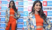 Pooja Hegde Looks Amazingly Gorgeous In Orange Rib Knit Crop Top With Orange Pants With Floral Long Jacket, See Here