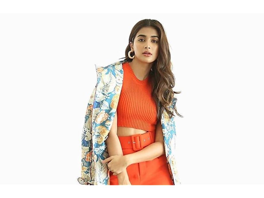 Pooja Hegde Looks Amazingly Gorgeous In Orange Rib Knit Crop Top With Orange Pants With Floral Long Jacket, See Here - 2