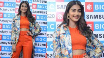 Pooja Hegde Looks Amazingly Gorgeous In Orange Rib Knit Crop Top With Orange Pants With Floral Long Jacket, See Here