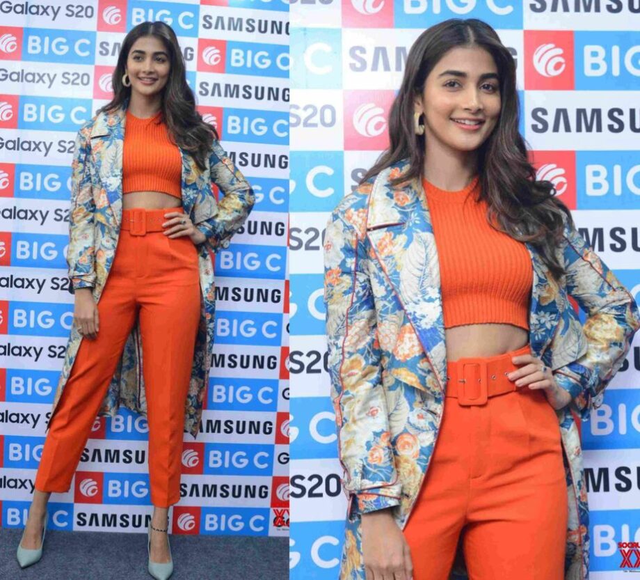 Pooja Hegde Looks Amazingly Gorgeous In Orange Rib Knit Crop Top With Orange Pants With Floral Long Jacket, See Here - 0