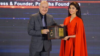 Pranitha Subash Looks Gorgeous In Red Mid Length Cape Sleeves Dress While Receiving Times 40 Under 40 Award From Anupam Kher