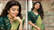 Pranitha Subhash Looks Hot In Green Saree With Bottle Green Thread Embroidery Blouse, See Here