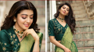 Pranitha Subhash Looks Hot In Green Saree With Bottle Green Thread Embroidery Blouse, See Here