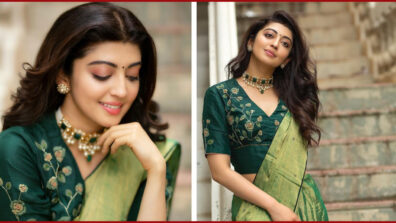 Pranitha Subhash Looks Hot In Green Saree With Bottle Green Thread Embroidery Blouse, See Here