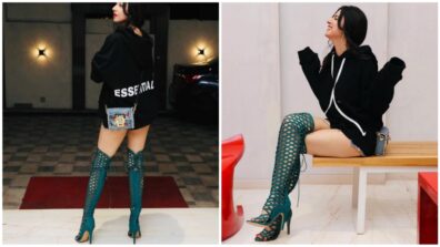 Pretty Divya Khosla’s Fashion Statement In Unique Style: Paired Hoodie With Thigh Length Green Boots