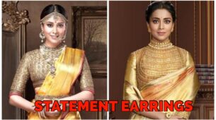 Shriya Saran Looks Beautiful In Saree With Statement Earrings