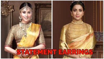 Shriya Saran Looks Beautiful In Saree With Statement Earrings