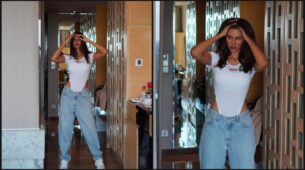 Sonam Bajwa poses in a white bodysuit with oversized denim looks pretty