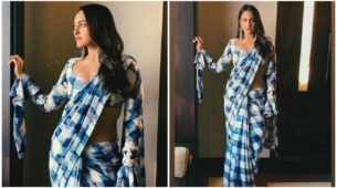Throwback: When Sonakshi Sinha Teamed With Plaid And Floral Print Blue Saree, Looked Gorgeous